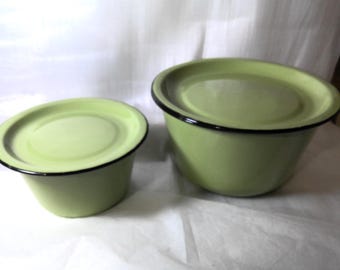 Set of 2 Vintage Avocado Color Enamelware Tins