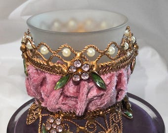 Vintage Victorian Metal and Fabric and Jeweled Candle Holder