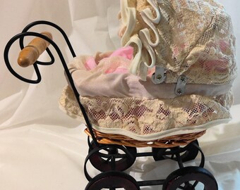 Vintage Victorian Baby Carriage with Porcelain Baby Doll