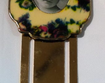 Vintage Victorian Ceramic Floral Metal Bookmark