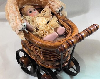 Vintage Victorian Metal, Wicker, Wood Miniature Carriage