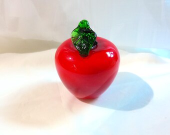 Vintage Glass Red Apple with Green Leaf