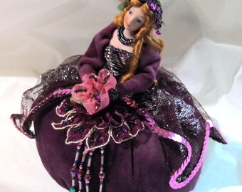 Vintage Victorian Burgundy Pin Cushion Porcelain Doll