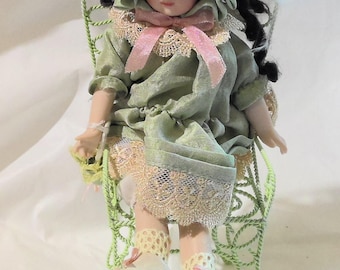 Vintage Victorian Porcelain Doll with Green Metal Chair