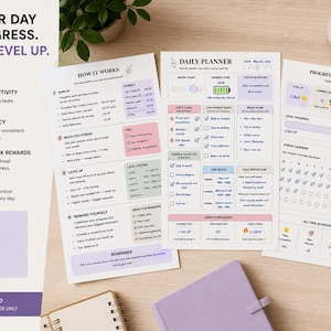 Puede incluir: Un conjunto de páginas de planificador imprimibles con un tema de productividad. Las páginas incluyen un planificador diario, un panel de progreso y una guía. La combinación de colores es suave, con rosas pastel, morados y verdes. También se ve una taza de café y un bolígrafo.