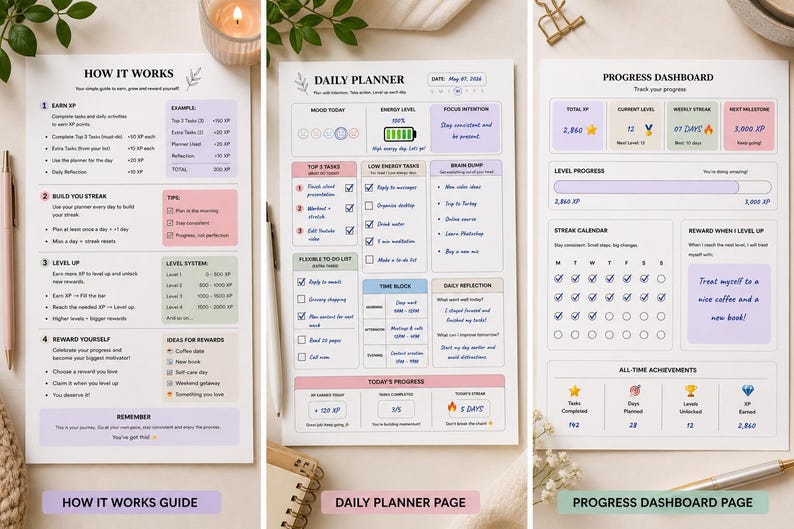 Gamified Daily Planner Printable | ADHD Productivity XP Habit Tracker ...