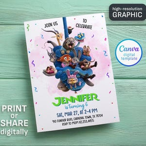 May include: A white invitation with cartoon characters and the text "JOIN US TO CELEBRATE". The invitation says "JENNIFER is turning 6" and includes event details. The words "PRINT or SHARE digitally" are also visible.