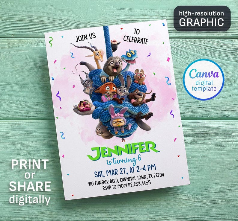 May include: A white invitation with cartoon characters and the text "JOIN US TO CELEBRATE". The invitation says "JENNIFER is turning 6" and includes event details. The words "PRINT or SHARE digitally" are also visible.