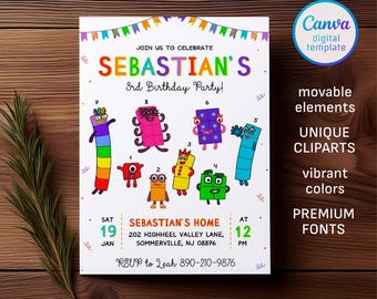 Invitación de cumpleaños de Numberblocks, invitación editable e imprimible, invitación para fiesta de cumpleaños de Numberblocks, fiesta de "Aprende los números primero y segundo"