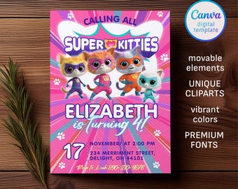Invitación de SuperKitties, invitación imprimible y editable de SuperKitties, plantilla de invitación para fiesta de cumpleaños de SuperKitty, invitación de gatito linda.