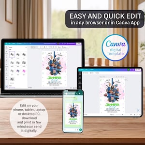 May include: A digital template displayed on a laptop, tablet, and phone. The template features a colorful cartoon design with the text "Jennifer is turning 6". The image also includes the text "Easy and quick edit in any browser or in Canva App".