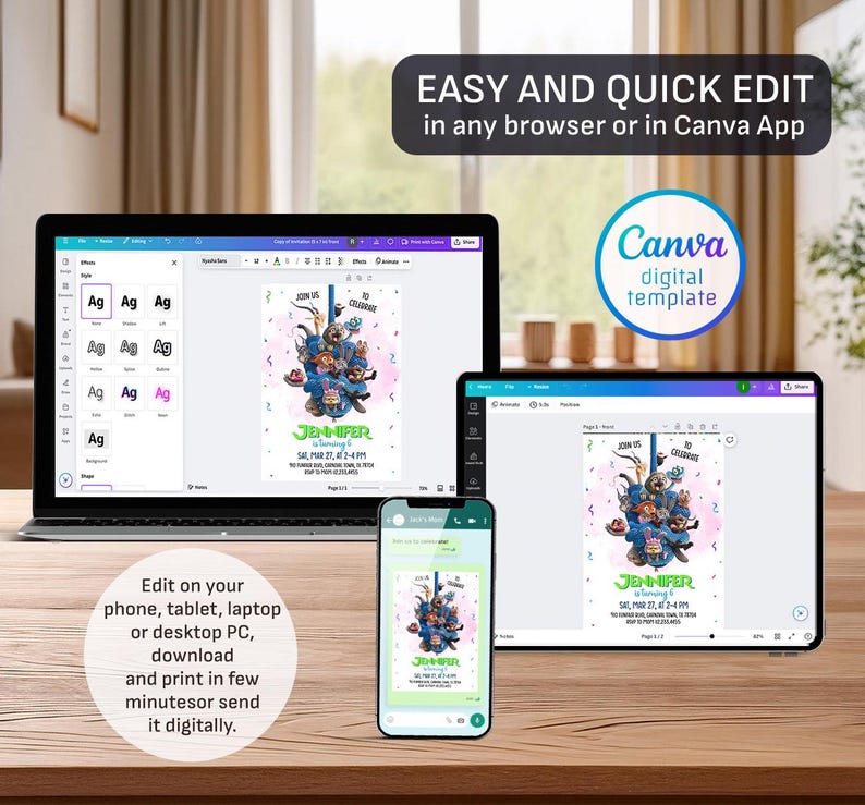 May include: A digital template displayed on a laptop, tablet, and phone. The template features a colorful cartoon design with the text "Jennifer is turning 6". The image also includes the text "Easy and quick edit in any browser or in Canva App".