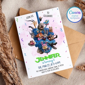 May include: A white invitation card featuring characters from the animated movie Zootopia, with the text "JOIN US TO CELEBRATE". The card is for Jennifer's 6th birthday, with date, time, and location details. A Canva digital template.