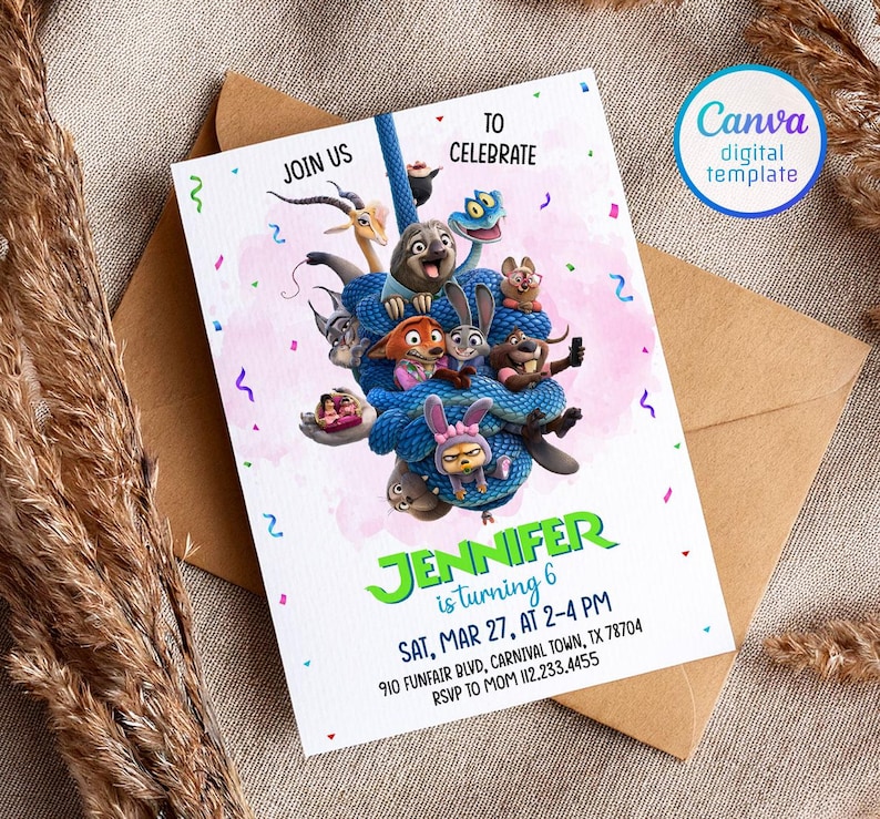 May include: A white invitation card featuring characters from the animated movie Zootopia, with the text "JOIN US TO CELEBRATE". The card is for Jennifer's 6th birthday, with date, time, and location details. A Canva digital template.