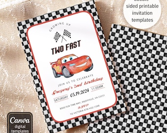 Invitación de Cars, invitación de Rayo McQueen, invitación imprimible para fiesta de cumpleaños, plantilla de invitación de 2 Fast 2 Furious Racing, segundo cumpleaños de niño
