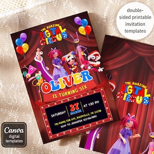 May include: Two party invitation templates with a circus theme. The main invitation features the text "THE AMAZING DIGITAL CIRCUS" and "OLIVER IS TURNING SIX". The design includes cartoon characters, balloons, and a red and gold color scheme. The second invitation is partially visible.