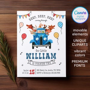 Puede incluir: Una invitación de cumpleaños con un camión azul, animales de granja y globos. El texto dice "BEEP, BEEP, BEEP coming through." La invitación está personalizada con el nombre "WILLIAM" y la frase "IS TURNING TWO." Incluye fecha, hora y detalles de RSVP.