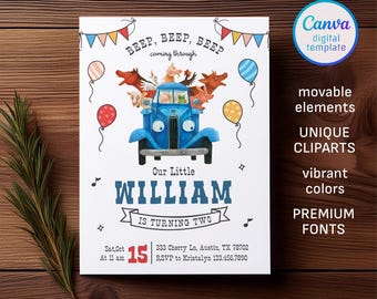 Farm Animals birthday invitation, Blue Truck invitation, Oink Moo Baa invite, Little Blue, Barnyard Animals party invite template, 1st, 2nd