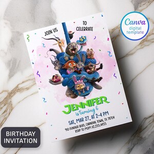 May include: A white birthday invitation with cartoon characters and the text "JOIN US TO CELEBRATE". The invitation includes the text "JENNIFER is turning 6" and event details. A "BIRTHDAY INVITATION" label is at the bottom.
