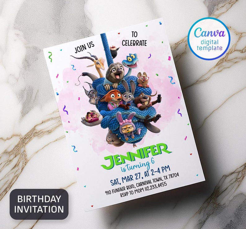 May include: A white birthday invitation with cartoon characters and the text "JOIN US TO CELEBRATE". The invitation includes the text "JENNIFER is turning 6" and event details. A "BIRTHDAY INVITATION" label is at the bottom.