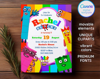 Invitación de cumpleaños de Numberblocks, invitación editable e imprimible, invitación para fiesta de cumpleaños de Numberblocks, fiesta de "Aprende los números primero y segundo"