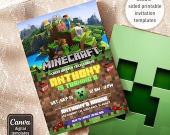 Printable editable invite, Video Game Party, Gamer Birthday invitation, instant download, Mine Theme girl boy birthday, digital template