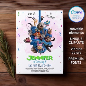 May include: A white invitation with a blue rope design and cartoon characters. The invitation reads "Join us to celebrate Jennifer is turning 6" with event details. A Canva digital template with movable elements, unique cliparts, vibrant colors, and premium fonts.