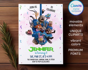 Invitación de cumpleaños de la película Zootopia 2, invitación de Judy Hopps, invitación de Nick Wilde, fiesta de cine imprimible y editable, plantilla de invitación con entradas