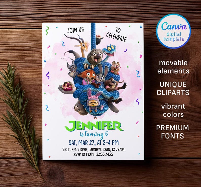 May include: A white invitation with a blue rope design and cartoon characters. The invitation reads "Join us to celebrate Jennifer is turning 6" with event details. A Canva digital template with movable elements, unique cliparts, vibrant colors, and premium fonts.
