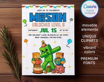 Invitación imprimible y editable, fiesta de videojuegos, invitación de cumpleaños para gamers, descarga instantánea, cumpleaños de niña o niño con temática de videojuegos, plantilla digital.