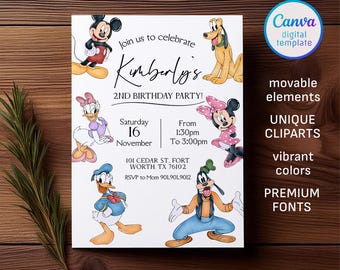 Invitación de cumpleaños imprimible de Clubhouse, invitación de Mickey, invitación de Clubhouse, invitación a fiesta de Mouse, invitación editable