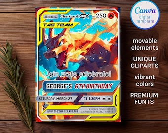 Plantilla de invitación de cumpleaños Pokémon VMAX, invitación de cumpleaños Pokémon, invitación de cumpleaños imprimible, invitación de Charizard, invitación editable