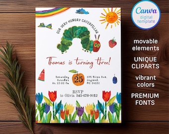 Oruga muy hambrienta, invitación para el primer cumpleaños, invitación para fiesta de cumpleaños, plantilla imprimible y editable, invitación impresa digitalmente