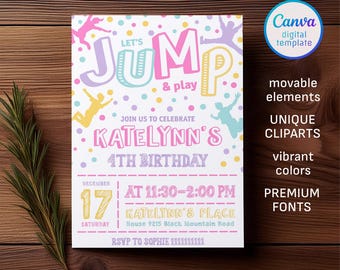 Invitación de salto editable, invitación de cumpleaños de trampolín, cumpleaños de niño y niña, invitación electrónica, plantilla de invitación de teléfono de salto, fiesta de juegos