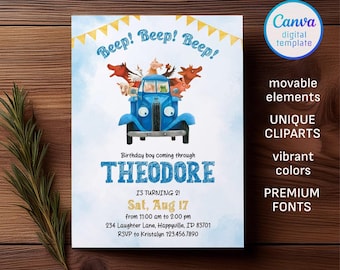 Invitación de cumpleaños de animales de granja, invitación de camión azul, invitación de Oink Moo Baa, Little Blue, plantilla de invitación para fiesta de animales de corral, 1.º, 2.º