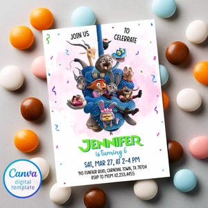 May include: A colorful birthday party invitation featuring characters from a popular animated movie. The invitation includes the text "Join Us To Celebrate" and "Jennifer is turning 6". The invitation is surrounded by colorful candies.