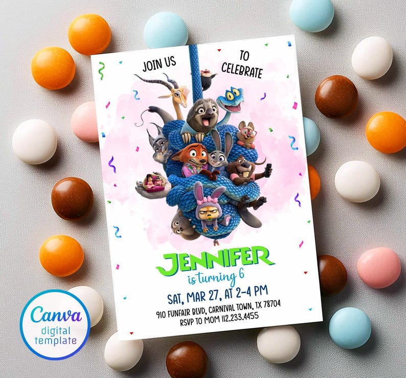 May include: A colorful birthday party invitation featuring characters from a popular animated movie. The invitation includes the text "Join Us To Celebrate" and "Jennifer is turning 6". The invitation is surrounded by colorful candies.