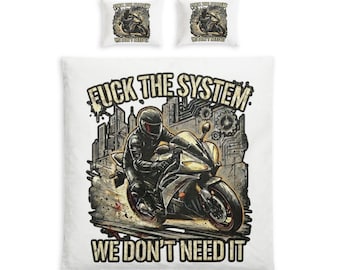 Biker Rebellion Bed Set - Fuck The System Duvet Cover Edgy Motorcycle Bedroom Decor