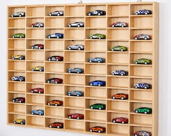 Estantería de exhibición Hot Wheels, almacenamiento de autos de metal fundido a presión de madera, organizador de autos de juguete Matchbox 1/64, unidad de exhibición de pared para coleccionistas.