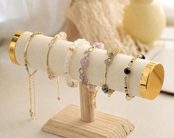 Gold T-Bar Jewelry Display Stand, Bracelet & Watch Holder, Necklace Organizer, Hairband Display Rack, Wooden Jewelry Storage