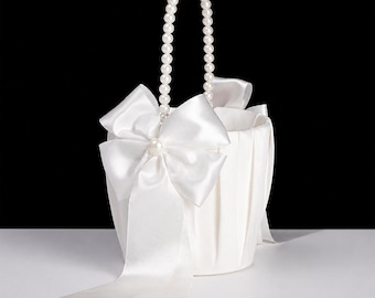 Ivory Satin Flower Girl Basket with Pearl Handle, Ceremony Basket, Bridal Decor, Rustic Wedding Accessory