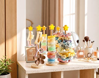 Soporte de madera para gomas de pelo / Organizador de pulseras / Soporte para pinzas de pelo en forma de estrella / Organizador de escritorio de madera natural (regalo)