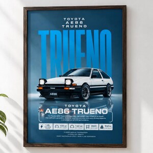 Puede incluir: Un póster vertical enmarcado que muestra un Toyota AE86 Trueno blanco y negro. El fondo azul presenta el texto TOYOTA AE86 TRUENO y especificaciones técnicas que incluyen motor 1.6L, 130 CV, 142 NM de par, tracción trasera y 940 kg.