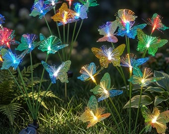 Luci solari da giardino a forma di farfalla, luci solari a fibra ottica con picchetto, luci solari impermeabili per spazi esterni