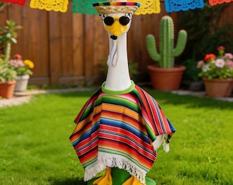 Conjunto de poncho mexicano para la estatua del ganso del porche, disfraz de sarape con flecos a rayas de colores, decoración de jardín para el Cinco de Mayo