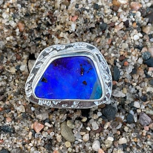 ADJUSTABLE Australian blue Boulder Opal Ring  US size 7.5   Solid Australian Boulder, blue & purple Play of Color, October Birthstone
