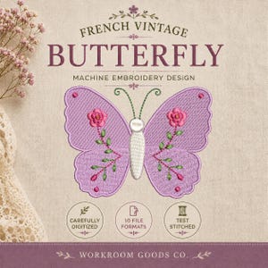 French Vintage Butterfly Machine Embroidery Design, Floral Baby Nursery Heirloom File