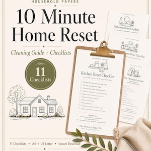 Pode incluir: Uma coleção de listas de verificação de limpeza intitulada "10 Minute Home Reset" da Household Papers. A imagem apresenta uma prancheta com uma "Kitchen Reset Checklist" e outras listas de verificação. O design inclui uma ilustração de uma casa e o texto "11 Checklists".