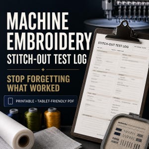Puede incluir: Un portapapeles con un "Stitch-Out Test Log" y el texto "Machine Embroidery" se muestra. La imagen también muestra carretes de hilo, un rollo de tela blanca y un bastidor de bordado con muestras cosidas. El texto "Stop Forgetting What Worked" también es visible.