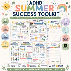 May include: ADHD Summer Success Toolkit featuring printable pages for visual routines and executive function support. Includes a routine bundle, quick start guide, weekly planner, independence cards, screen time system, rescue plan, and confidence tracker.